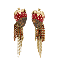 A pair of strawberry-shaped earrings with red and brown crystals and gold chain fringe dangles.