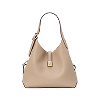 Beige hobo bag with tan leather trim and gold-tone hardware on white background.