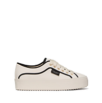 Cream-colored low-top sneaker with black trim and laces on white sole.