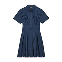 Navy blue short-sleeved button-front dress with scalloped hem and pleated skirt.