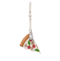 Triangular pizza slice keychain charm with pepperoni and vegetables attached to a beige strap.