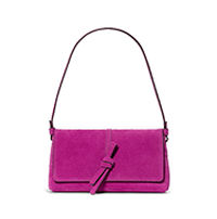 Bright pink suede shoulder bag with flap closure and adjustable strap.