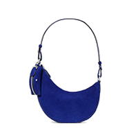 Blue crescent-shaped shoulder bag with black adjustable strap and silver hardware.
