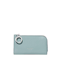 Light blue zip-around card holder with metal ring attachment.