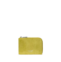 Yellow-green leather zip-around card wallet with embossed logo.