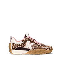 Leopard print sneaker with white laces and tan suede accents on a white sole.