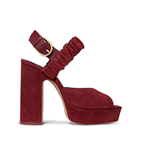 Burgundy suede platform sandal with ankle strap and chunky block heel.