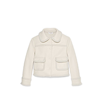 Cream-colored cropped jacket with rounded collar and front pockets.