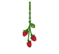 Green leather strap charm featuring three red textured raspberries with leaves and silver hardware.