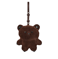 Dark brown teddy bear-shaped keychain with a hanging strap and decorative details.