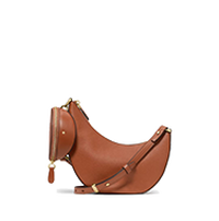 Brown crescent-shaped crossbody bag with adjustable strap and tassel zipper pull.