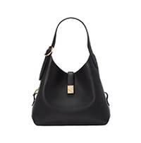 Black leather hobo bag with single shoulder strap and gold-tone hardware accent on front.