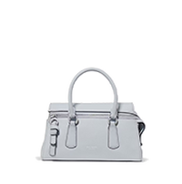 Light gray structured handbag with dual top handles, front zipper pocket, and detachable shoulder strap.