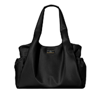 Black leather shoulder bag with dual handles and side pockets.