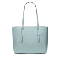 Light blue leather tote bag with dual shoulder straps and top zip closure.