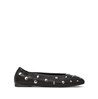 Black ballet flat with silver star embellishments across the upper.