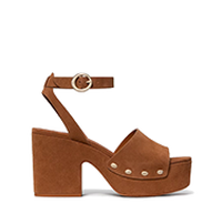Tan leather platform sandal with ankle strap and block heel featuring stud detailing.