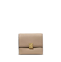 Small beige leather wallet with gold-tone clasp closure on front flap.