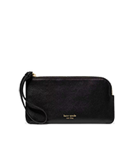 Black Kate Spade suede wallet with wrist strap and gold-tone logo plaque.
