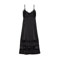 Black satin slip dress with lace trim detailing at neckline and hem on adjustable straps.
