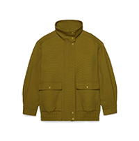 Olive green utility jacket with snap buttons, two chest pockets with flaps, and a collar.