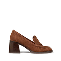 Brown suede loafer with chunky block heel and metal chain detail across the vamp.