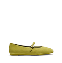 Yellow-green Mary Jane flat with elastic strap across the vamp and rounded toe.