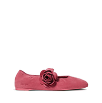 Pink suede flat shoe with decorative rose detail on the vamp.