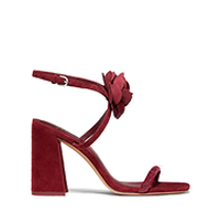 Burgundy block heel sandal with ankle strap and floral embellishment detail.