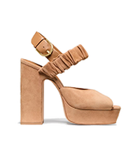 Tan suede platform sandal with studded ankle strap and chunky block heel.