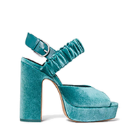 Teal velvet platform sandal with chunky block heel and ankle strap with buckle closure.