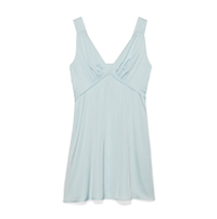 Light blue sleeveless mini dress with V-neckline, empire waist, and flowy skirt.