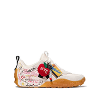 ow-top sneaker with white base, tan sole, and colorful New York City-themed graphics including “NYC” text.