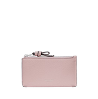 Pink leather card holder wallet with silver-tone zipper closure and metal hardware.