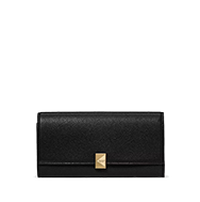 Black leather wallet with gold-tone rectangular clasp closure on front flap.