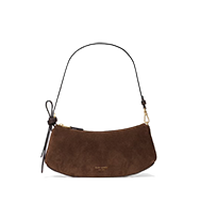 Small brown suede shoulder bag with curved shape, thin strap, and side tassel detail.