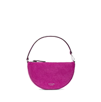A.P.C. pink half-moon shaped shoulder bag with black leather strap.