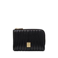 Black quilted card holder with gold-tone hardware and zip closure.