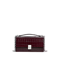 Burgundy crocodile-embossed leather clutch with silver-tone chain strap and front clasp closure.