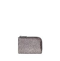 Metallic silver glitter zip-around card holder with black zipper pull.